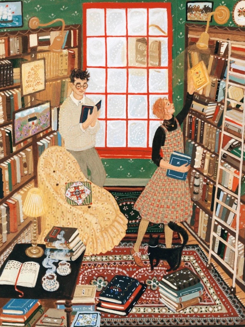 Cozy Library Scene Wall Art Print - Green, Red, Cream